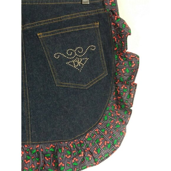 Crafted Denim Apron Repurposed Ruffle Jean Pockets Cooking Kitchen Blue Cherry - Picture 7 of 8